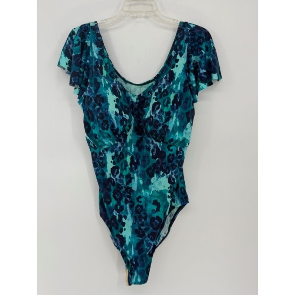 Denim & Co Beach Womens Teal Blue Leopard Ruffle Sleeve One Piece Swimsuit 16